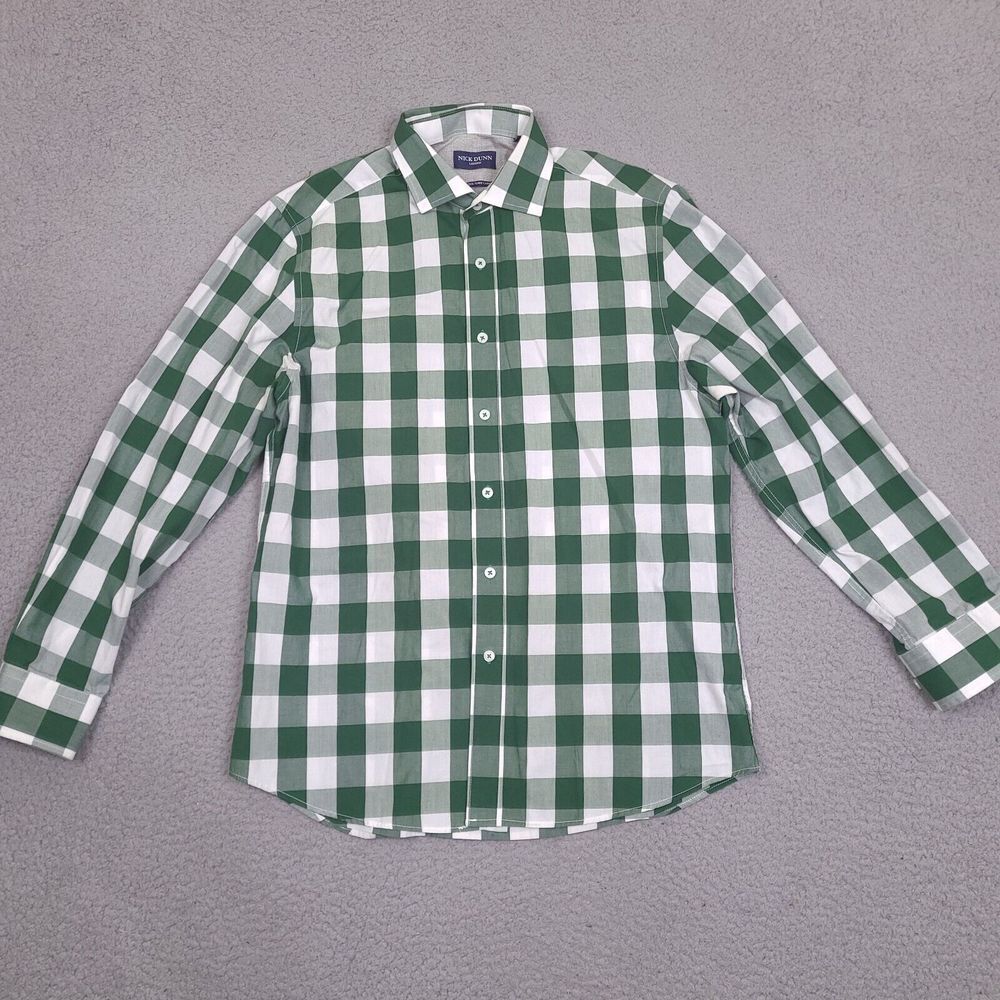 Nick Dunn London Shirt Mens Medium 15.5 32/33 Green Gingham‎ Plaid Button Down
